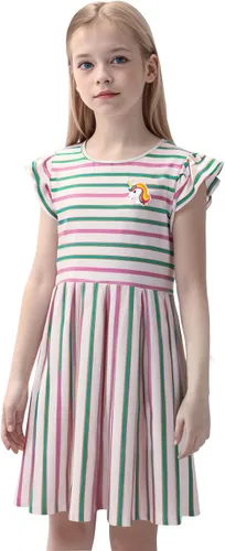 Vista 2 de WELAKEN Vestido de lentejuelas unicornio con rayas arcoíris para niñas pequeñas y niños II vestidos casuales con mangas con volantes