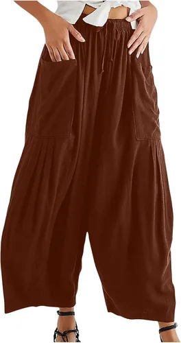 Vista 4 de Bemona Pantalones de lino de pierna ancha para mujer, cintura elástica, pantalones holgados con cordón y bolsillos, pantalones cortos de verano