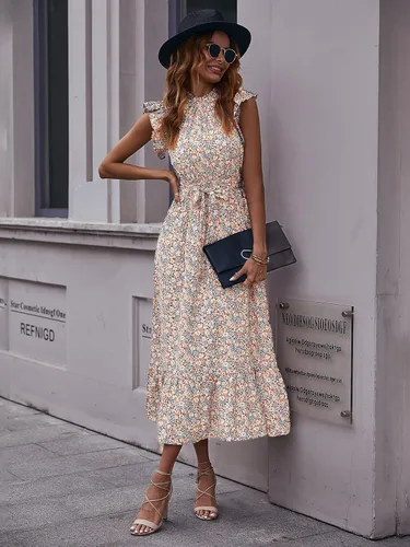 Vista 5 de MakeMeChic Vestido midi con cuello alto y volantes para mujer con mangas casquillo y cinturón