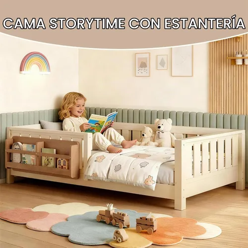 Vista 3 de Marco de cama Montessori Twin con estantería y barandillas, color beige