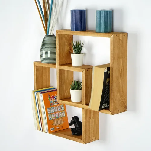 Vista 3 de Estantes cuadrados de pared, hechos a mano, almacenamiento montado en la pared, decoración de pared del hogar, libro de granja, estante organizador