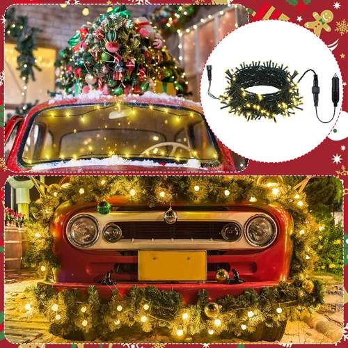 Vista 6 de Aurelema Guirnalda de luces LED de Navidad de 12 V, 33 pies, 100 luces LED para coche, decoraciones para carrito de golf, cadena de luz amarilla