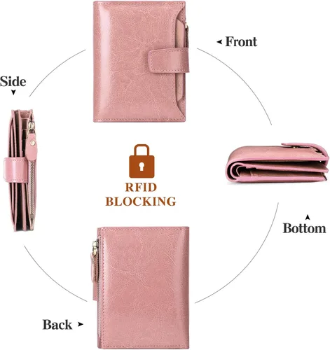 Vista 4 de FALAN MULE - Cartera de cuero auténtico para mujer pequeña plegable compacta con interferencia de radiofrecuencia RFID
