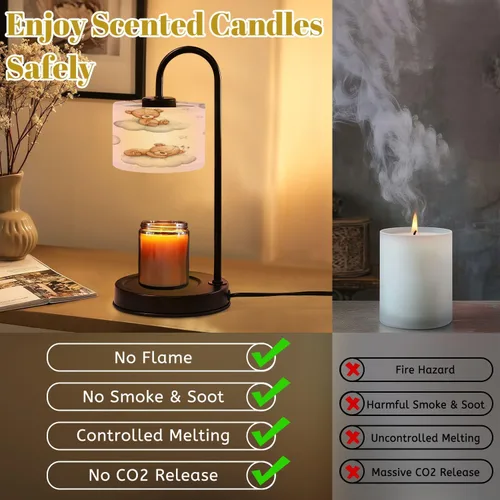 Vista 3 de Lámpara calentadora de velas con temporizador y atenuador, sin costuras, osos de peluche, nubes, luna, estrellas, acuarela, dibujada a mano, cera