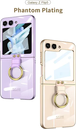 Vista 2 de SHIEID Z Flip 5 - Funda con soporte de anillo, borde galvanizado para Galaxy Z Flip 5, funda protectora delgada con protector de pantalla integrado