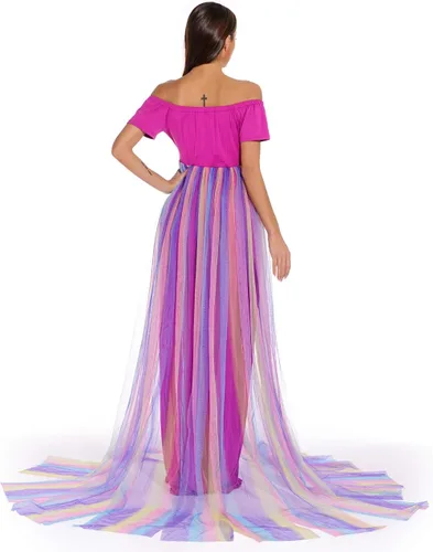 Vista 6 de ZIUMUDY Vestido de maternidad con hombros descubiertos para sesión de fotos, vestido de baby shower, vestido de maternidad de tul de manga corta