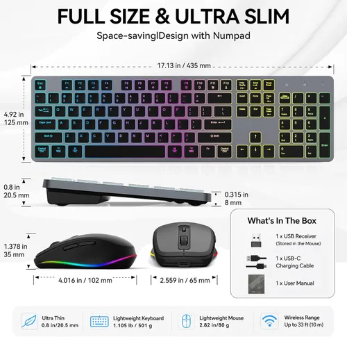 Vista 14 de Teclado inalámbrico silencioso y mouse retroiluminado, combo de teclado plano silencioso recargable, mouse Jiggle, mouse delgado inalámbrico de 2.4