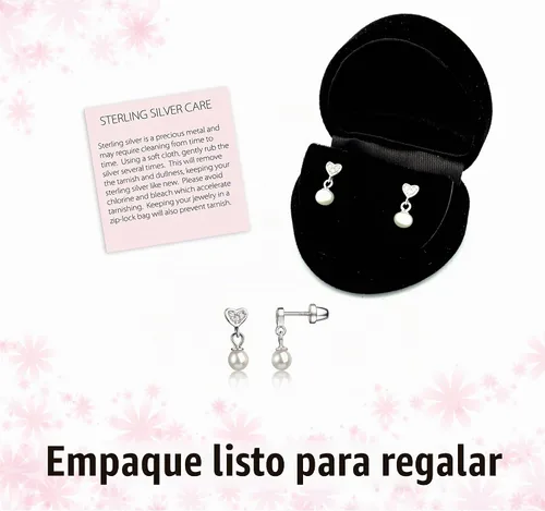 Vista 6 de Pendiente de plata de ley para niña con perlas cultivadas en gota y cierres de rosca Blanco