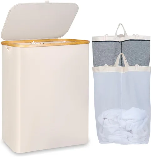 Vista 11 de iEGrow Cesta de lavandería con tapa, cesta grande de lavandería de 110 litros con asa y tapa, organizador de ropa plegable con bolsa interior Beige