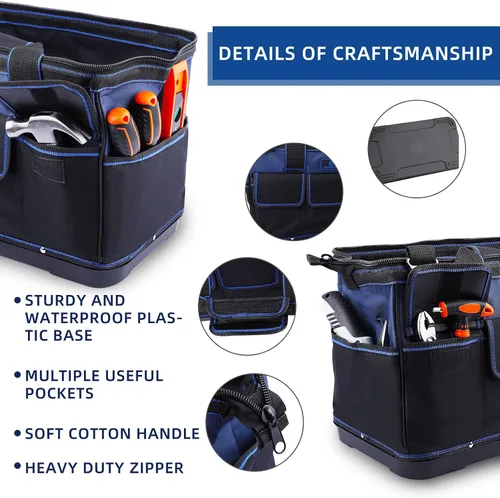 Vista 3 de Bolsa de herramientas de 16 pulgadas, organizador de herramientas multibolsillos con base de plástico impermeable, maletín resistente con correa