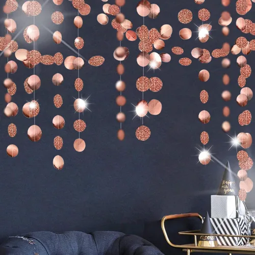 Vista 4 de Decoraciones de fiesta con purpurina de oro rosa colgante, serpentina circular, puntos, guirnalda de puntos de papel, banderines, banderines, telón