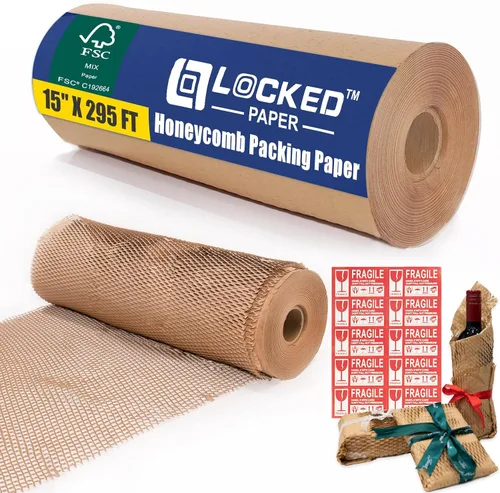 Vista 12 de Rollo de papel de embalaje de panal de abeja de 12 pulgadas x 295 pies con calcomanías frágiles, envoltura acolchada biodegradable para mudanza