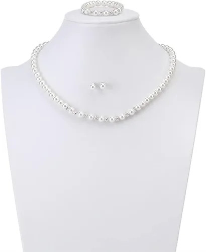 Vista 2 de Collar de perlas de imitación de cristal de imitación de cristal blanco de 14.5 pulgadas de 0.236 in, pulsera de pendientes, cuentas de arcilla
