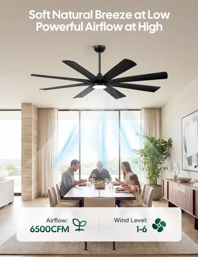 Vista 4 de 65 inch Smart Ceiling Fan with Light, 8 Black Solid Wood Blades, High CFM