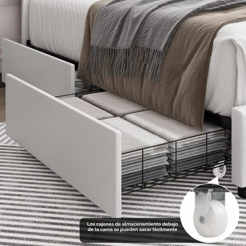Vista 4 de Keyluv Moderna base de cama tapizada con 4 cajones, diseño de cabecera capitoné con botones, soporte de listones de madera maciza, fácil montaje