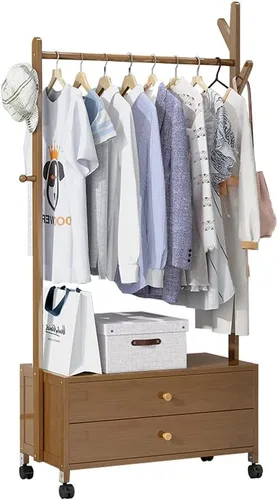 Vista 9 de Perchero independiente resistente, perchero de bambú con ruedas, ideal para almacenamiento de ropa de dormitorio