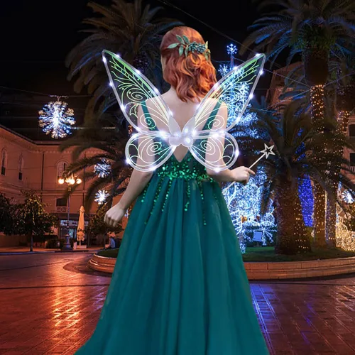 Vista 2 de Alas de hada iluminadas para mujeres y niñas, alas de ángel, alas fluorescentes de mariposa arco iris, disfraz de hada para Halloween, cosplay
