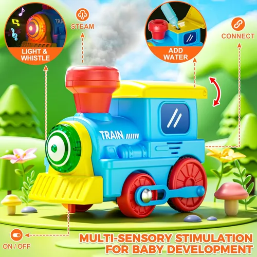 Vista 5 de Juego de tren para niños pequeños con vapor, música y luces - Juguete de tren eléctrico para niños con accesorios de vías, incluye 3 vagones
