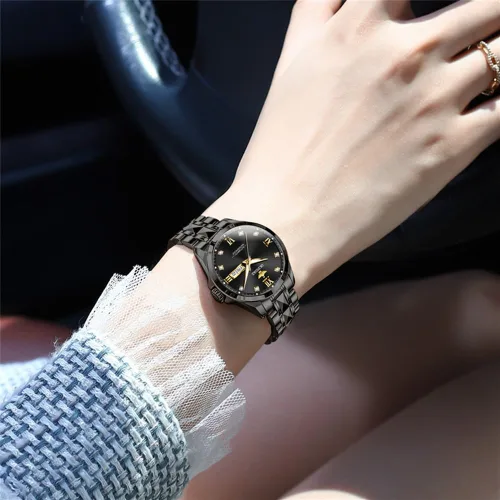 Vista 7 de OLEVS Reloj automático para mujer, color azul, dos tonos, fecha, reloj mecánico, calendario, reloj de pulsera impermeable con diamantes