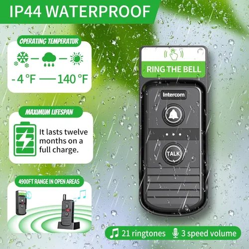 Vista 3 de Timbre inalámbrico, intercomunicadores inalámbricos para el hogar 4900ft Long Range Wireless Intercom System, Rechargeable Battery, 3 Volume