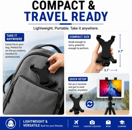 Vista 8 de Acuvar Soporte universal de trípode para tableta, adaptador de soporte ajustable para iPad, Samsung Galaxy Tab y Surface, se adapta a tabletas de 8
