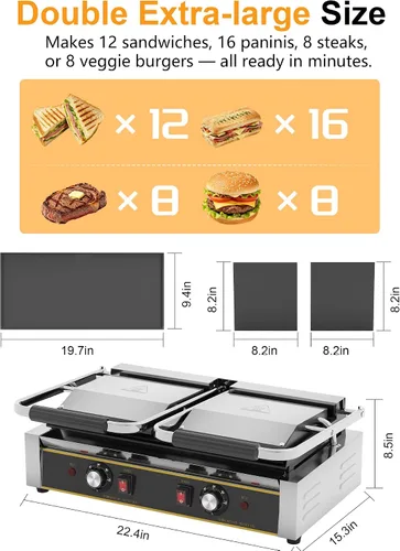 Vista 2 de Panini Press comercial - Parrilla eléctrica Panini de 3600 W, acero inoxidable, controles de temperatura duales, prensa doble sándwich con sartén