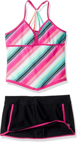 Vista 3 de Free Country Tankini a rayas para niña con correas traseras y braga inferior