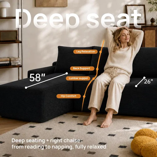 Vista 7 de Sofá seccional negro de 96.9 pulgadas, sofá modular de pana sin hueso con resortes y espuma de alta resistencia, asiento profundo compacto de gran