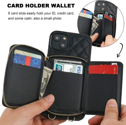 Vista 4 de Bocasal - Funda tipo cartera cruzada para iPhone 14 Plus, color negro RFID Blocking PU Leather Zipper Handbag Purse, Kickstand Flip Folio Case