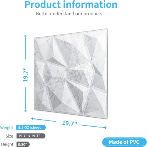 Vista 5 de Art3d Textures - Paneles de pared 3D con diseño de diamante de mármol blanco brillante para decoración de pared interior, paquete de 12 azulejos