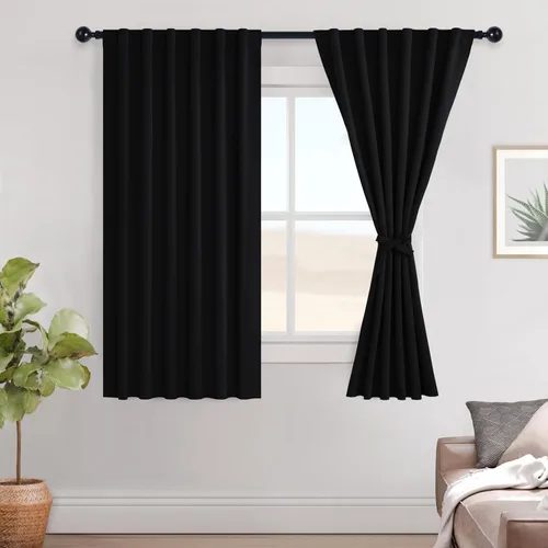 Vista 57 de Hiasan Cortinas opacas negras para dormitorio, cortinas opacas cortas de 45 pulgadas de largo, con aislamiento térmico, bolsillo para barra