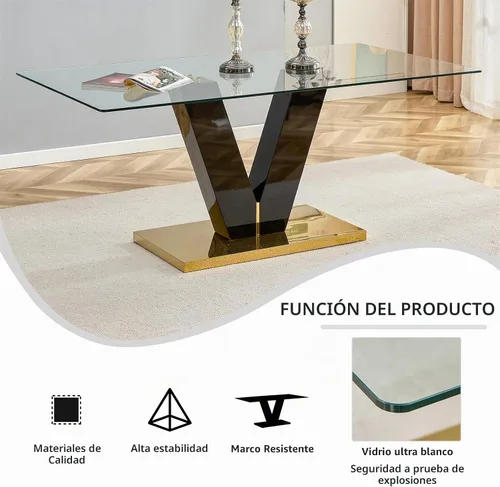 Vista 4 de Juego de mesa de comedor de cristal de 71 pulgadas para 4, juego de mesa de cocina moderno para 4, juego de mesa de comedor para el hogar