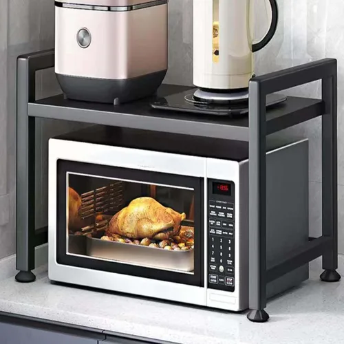Vista 6 de Estante para horno de microondas, soporte para microondas, estante ajustable con 6 ganchos, estante para microondas, soporte para microondas