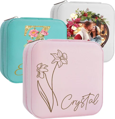 Vista 9 de Joyero personalizado para regalos de dama de honor, flor de nacimiento, inicial, joyería de viaje personalizada para mujeres, organizador de joyas