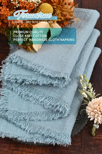 Vista 6 de Paquete de 40 servilletas de tela azul polvoriento, servilletas de lino de algodón a granel de 16.5 x 16.5 pulgadas hechas a mano con flecos
