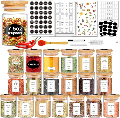 Vista 10 de SLifeJars - Frascos de especias con etiqueta, 4 oz 24 piezas Recipientes de especias Frascos de vidrio con tapas de bambú, Botellas de recipientes