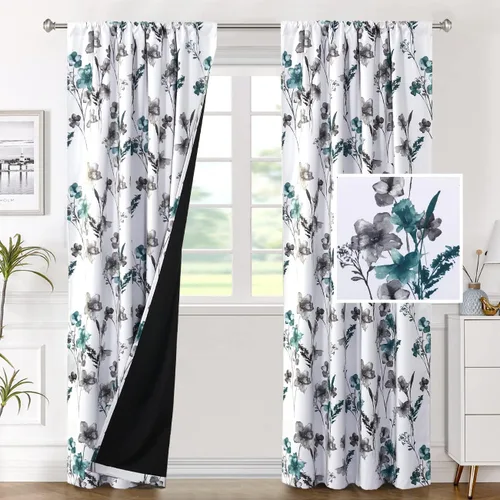 Vista 27 de H.VERSAILTEX cenefas de cortina 100% opacas para ventanas de cocina, juego de 2 paneles, estampado floral Cattleya Leah, cenefas térmicas aisladas