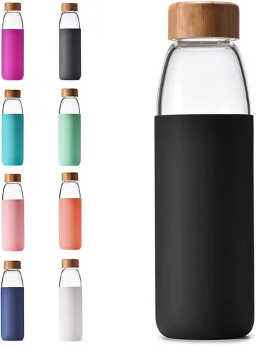 Vista 7 de Botellas de agua de vidrio de borosilicato de 18 onzas con tapa de bambú, sin BPA, funda de silicona antideslizante y tapa a prueba de fugas de Negro