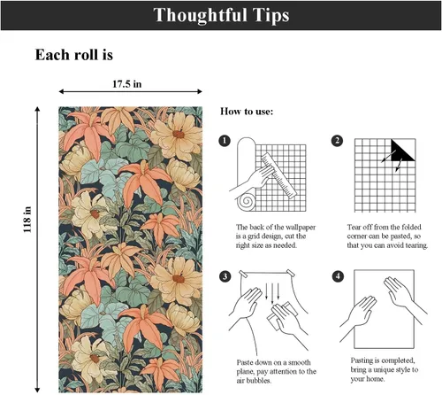 Vista 6 de Laatse Papel Tapiz Floral Despegar y Pegar, Papel Tapiz Vintage de Peonías y Margaritas, Papel de Contacto Floral Autoadhesivo Mural de Pared