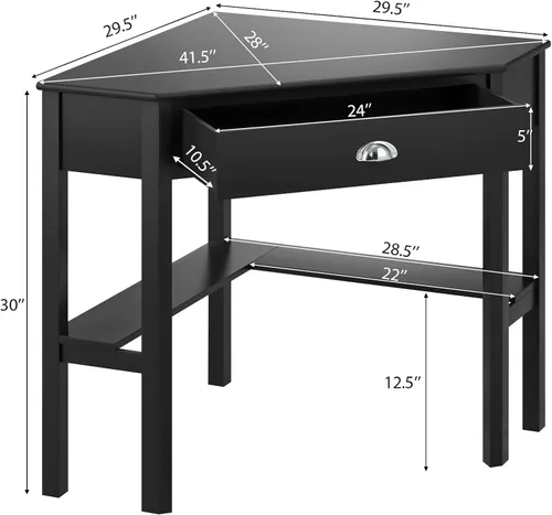 Vista 3 de Nightcore - Escritorio esquinero para espacio pequeño, escritorio de esquina de madera, mesa de escritura compacta con cajón y estantes
