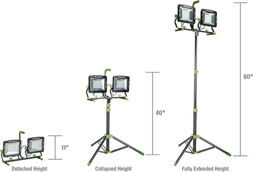 Vista 6 de PowerSmith Luz de trabajo LED de doble cabezal de 30,000 lúmenes con trípode de metal ajustable de 80 pulgadas con bloqueo giratorio y cable