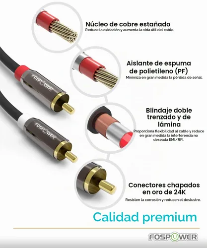 Vista 3 de FosPower Cable 2 RCA M/M de audio estéreo [24 K chapado en oro núcleo de cobre], conector 2RCA macho a 2RCA macho [izquierda / derecha]