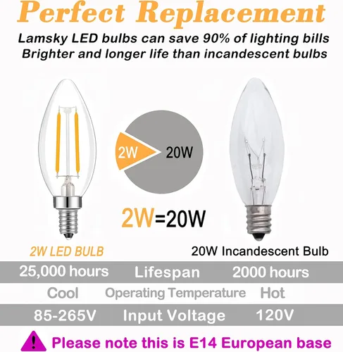 Vista 4 de Bombilla Edison de filamento LED de base europea E14, 2 W, blanco cálido, 2700 K, no regulable (paquete de 4)