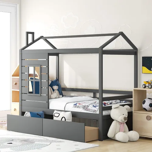 Vista 23 de Cama de madera maciza tamaño individual con techo, nido, 3 cajones de almacenamiento, sofá cama de plataforma para muebles de dormitorio, sala