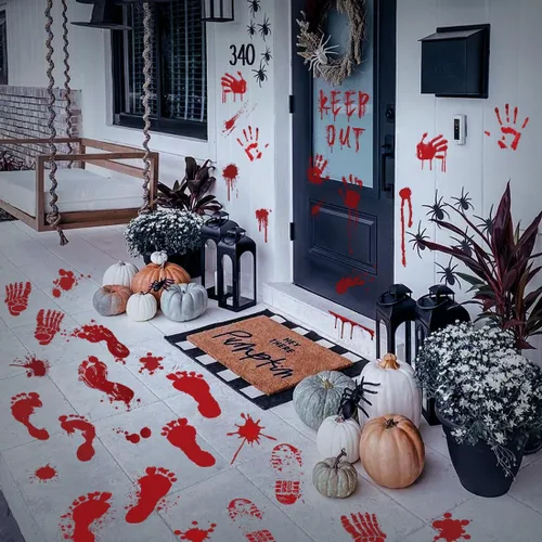 Vista 6 de Calcomanías de suelo con huella de mano sangrienta, calcomanías de pared de tamaño real, decoraciones de ventana de Halloween aterradoras