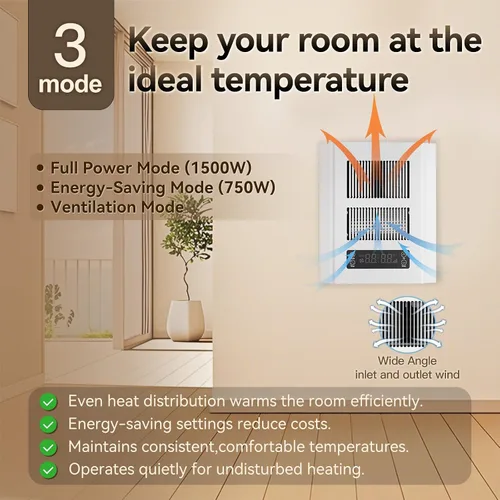 Vista 9 de Calentador de pared eléctrico de 240 V con 3 modos, 1500/750 W Marfil