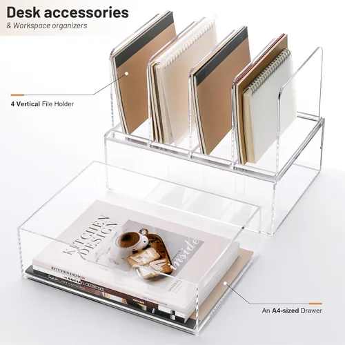 Vista 2 de YUXUN Organizador de escritorio con cajones, organizador de archivos de acrílico con 4 soportes verticales para archivos y 1 cajón deslizante