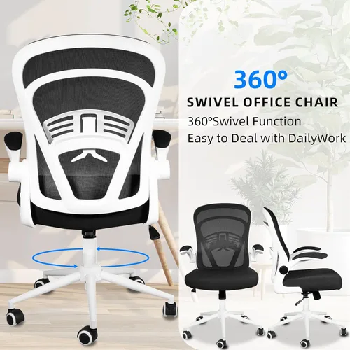 Vista 8 de Ollega Silla de escritorio para computadora con ruedas, silla de oficina de malla con brazos abatibles, soporte lumbar ajustable, silla de Blanco