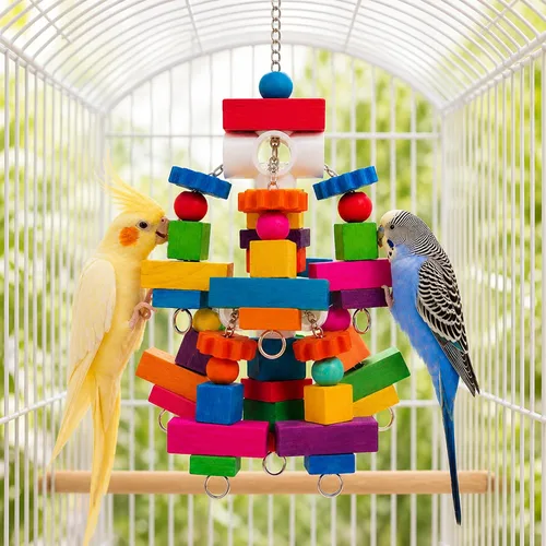 Vista 7 de Juguetes masticables para loros, juguetes grandes para pájaros con bloques