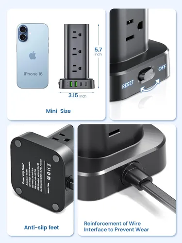 Vista 5 de Regleta de alimentación de torre con protector de sobretensiones, 12 salidas de CA y 4 puertos USB (2 USB-C), cable de extensión de 6 pies, torre